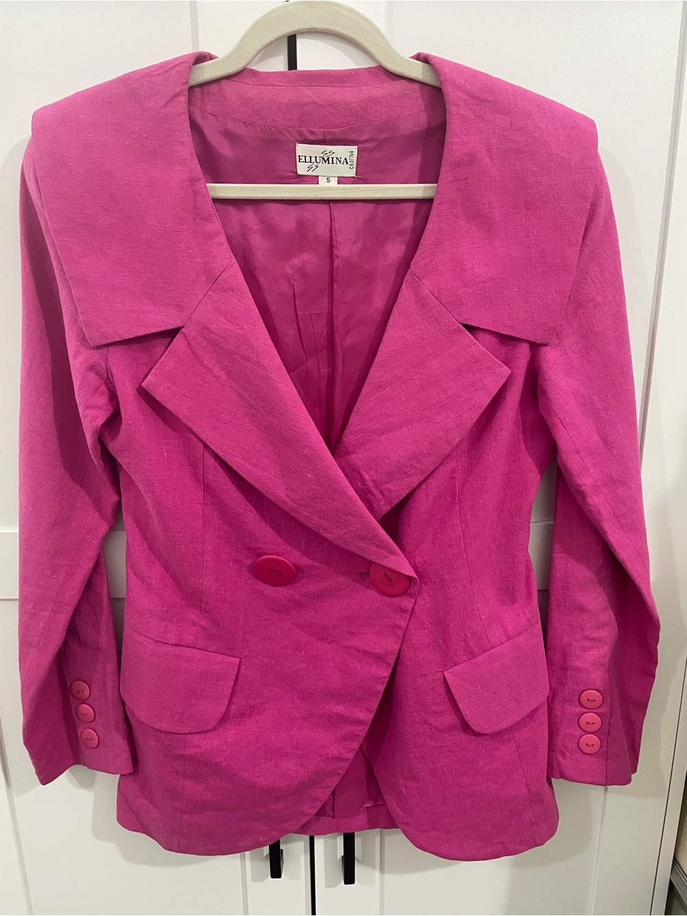 Ellumina Vintage Hot Pink Linen Cotton Blazer Women’s 5 Statement Collar Jacket